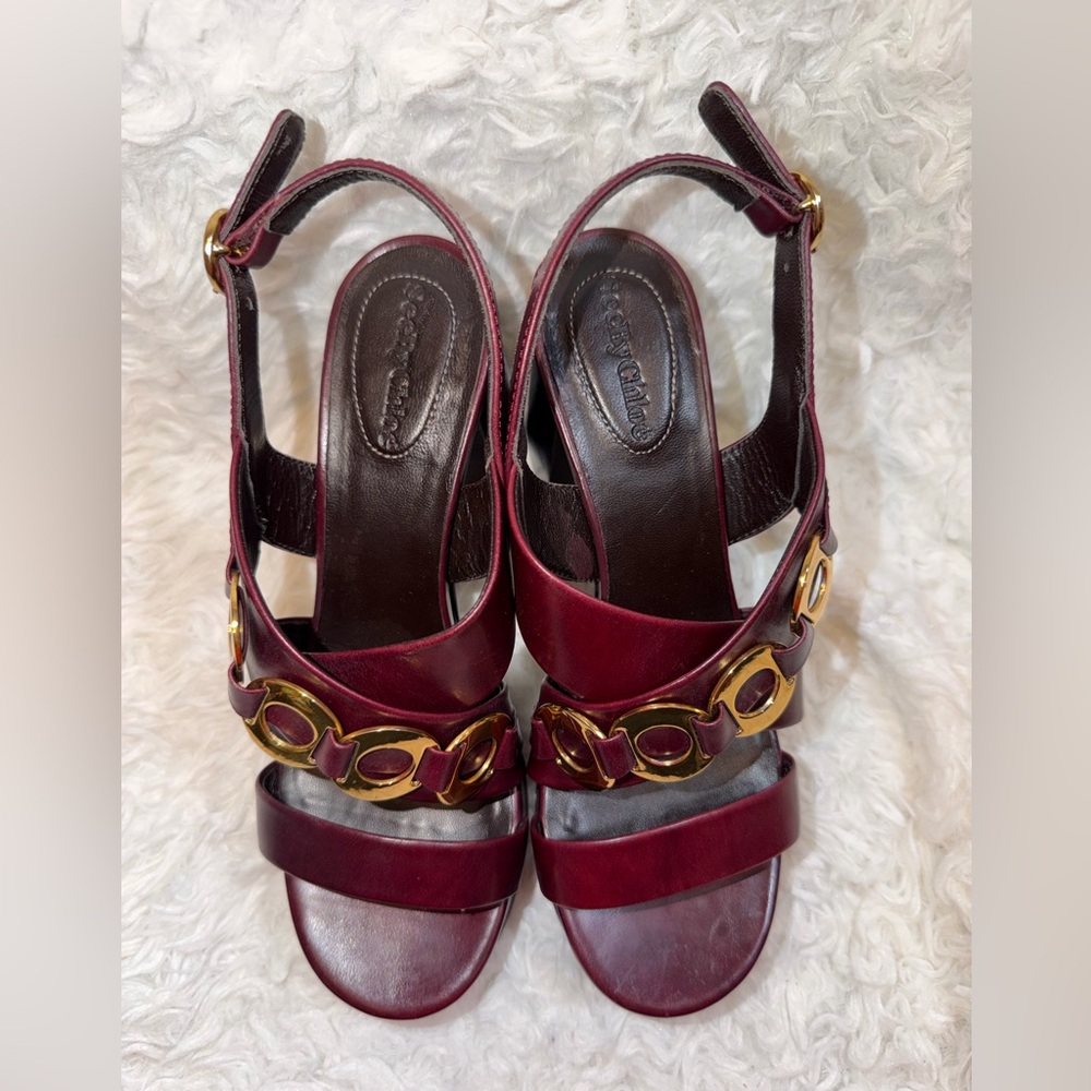 SEE BY CHLOÉ Burgundy Chain-Link Leather Platform
Sandals NWOT 38 - Picture 8 of 15